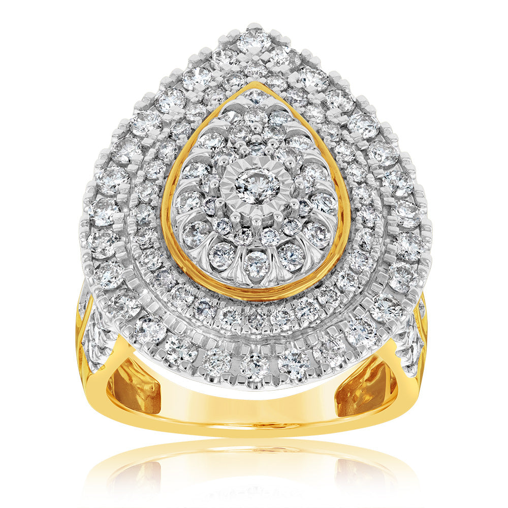 9ct Yellow Gold 2 Carat Diamond Ring with Brilliant & Tapered Baguette Diamonds - Elegant Engagement, Wedding & Anniversary Jewelry Gift for Women