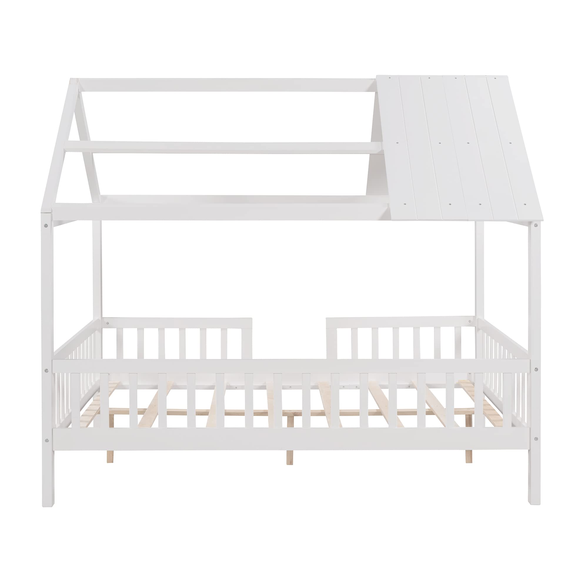 **MERITLINE Full Size Montessori Playhouse Bed - Solid Wood Platform Bed Frame with Fence & Roof for Kids, Teens & Adults - White - Perfect for Playrooms, Bedrooms & Montessori Learning Spaces**