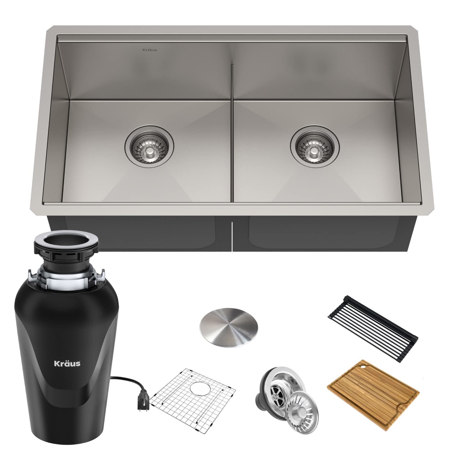 KRAUS Kore™ 33-inch Undermount Double Bowl Stainless Steel Kitchen Sink with Accessories - 16 Gauge, WasteGuard™ Garbage Disposal, KWU112-33-100-75MB - Perfect for Modern Kitchens, Meal Prep & Dishwashing