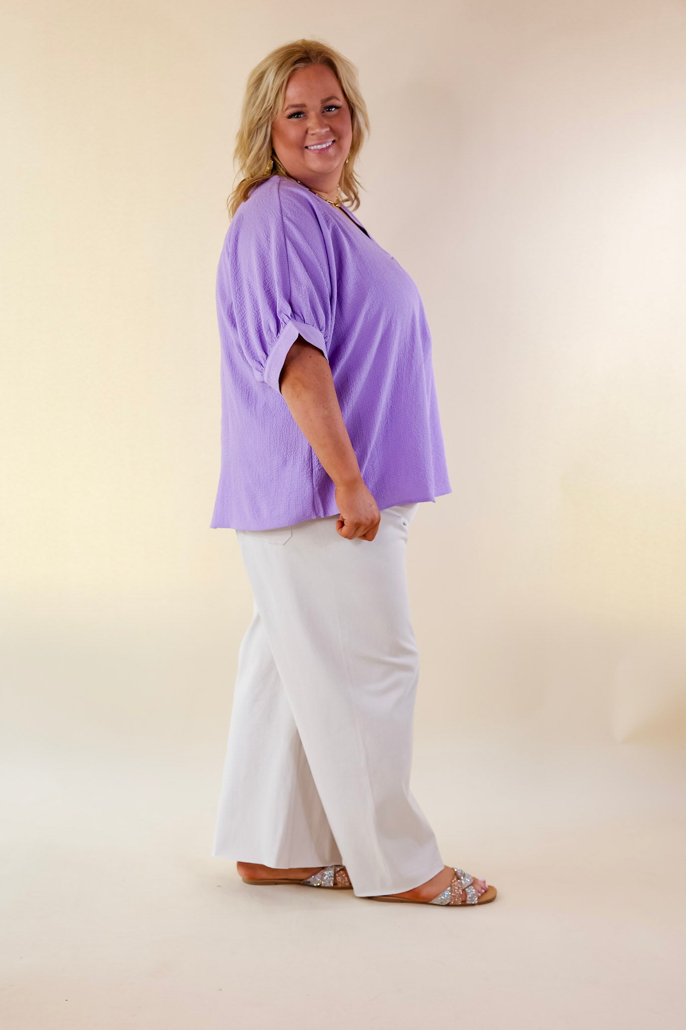 Stylish V-Neck Poncho Top with 3/4 Sleeves in Lavender Purple - Perfect for Casual Outings, Date Nights & Fall Layering
