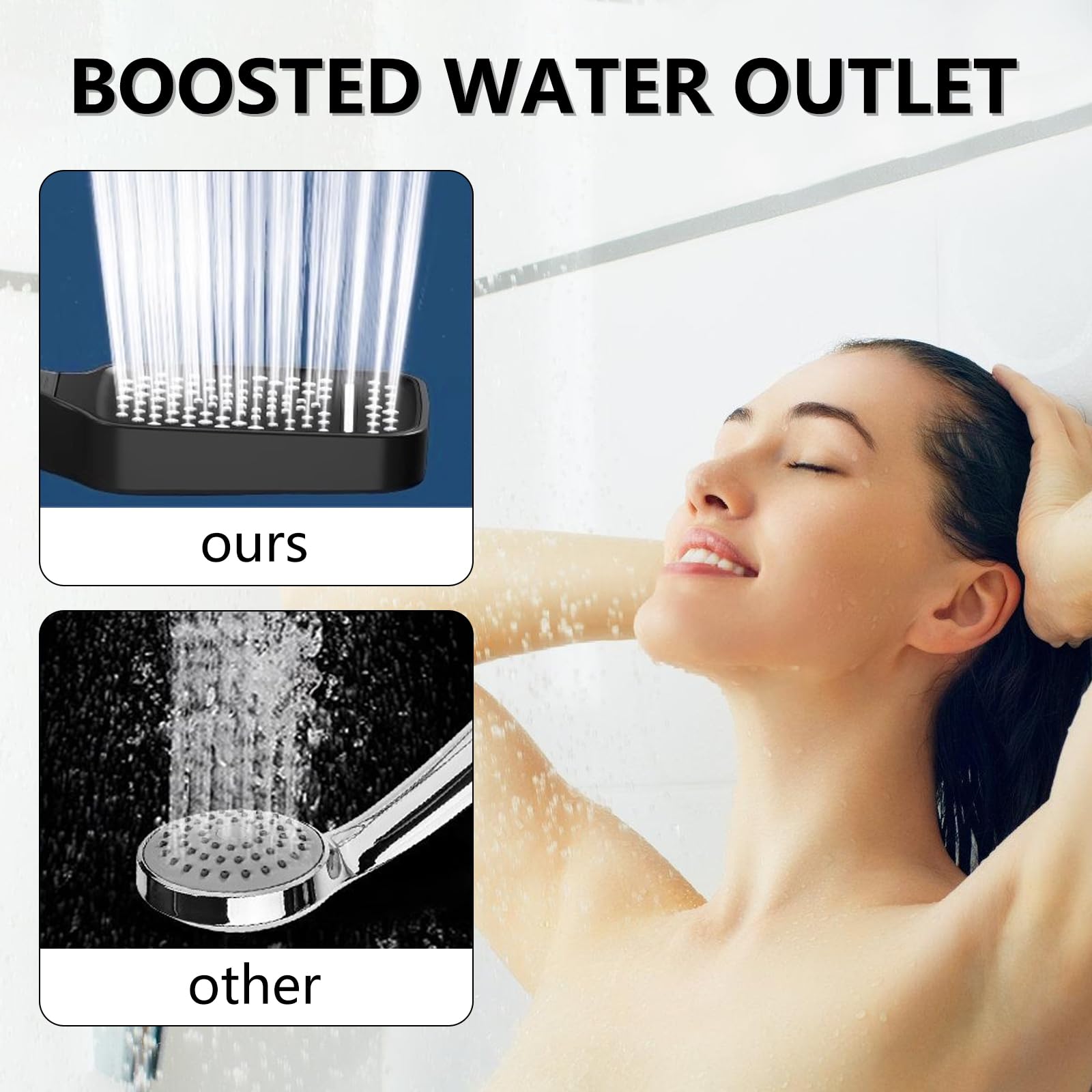 VicBou High Pressure Shower Head with 7 Spray Modes - 1.5m Hose, Water Saving Design & Stop Button - Square Chrome Shower Head in Black - Perfect for Bathroom, Spa-Like Shower Experience & Water Conservation