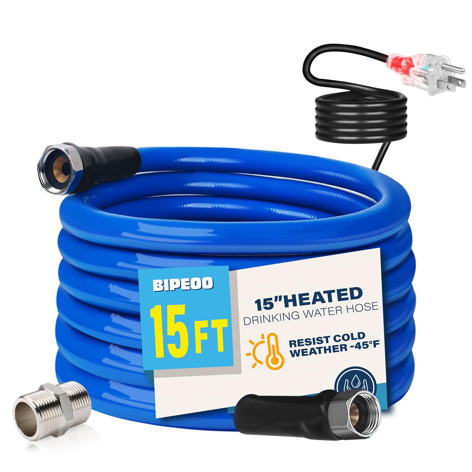 **15FT 25FT 75FT 100FT Heated RV Water Hose -45℉ Freeze Proof, Drinking Safe, Energy Saving Thermostat, 1/2