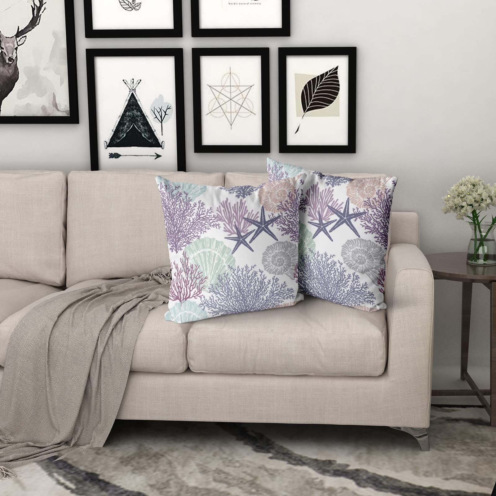 Ocean Coral Pillow Covers 20x20 Inch - Set of 2 Soft Cotton Nautical Coastal Throw Pillows with Seashell & Starfish Design - Square Cushion Covers for Sofa, Couch, Bedroom & Patio - Perfect for Beach House Decor & Coastal Themed Living Spaces (Purple)