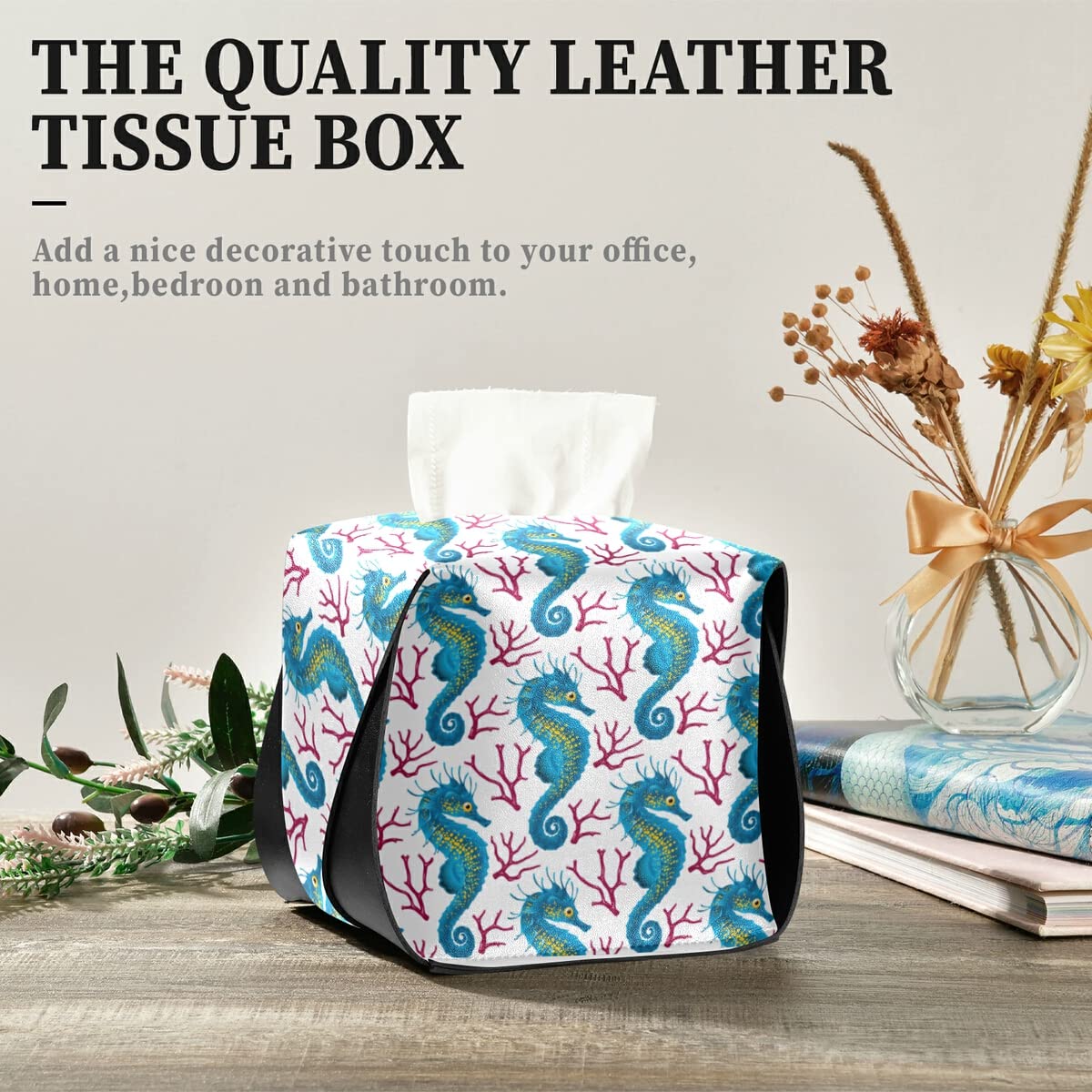 Seahorse Pink Coral PU Leather Tissue Box Cover - Rectangle Facial Tissue Holder with Hanging Loop for Bathroom, Bedroom Nightstand & Office Desk Decor