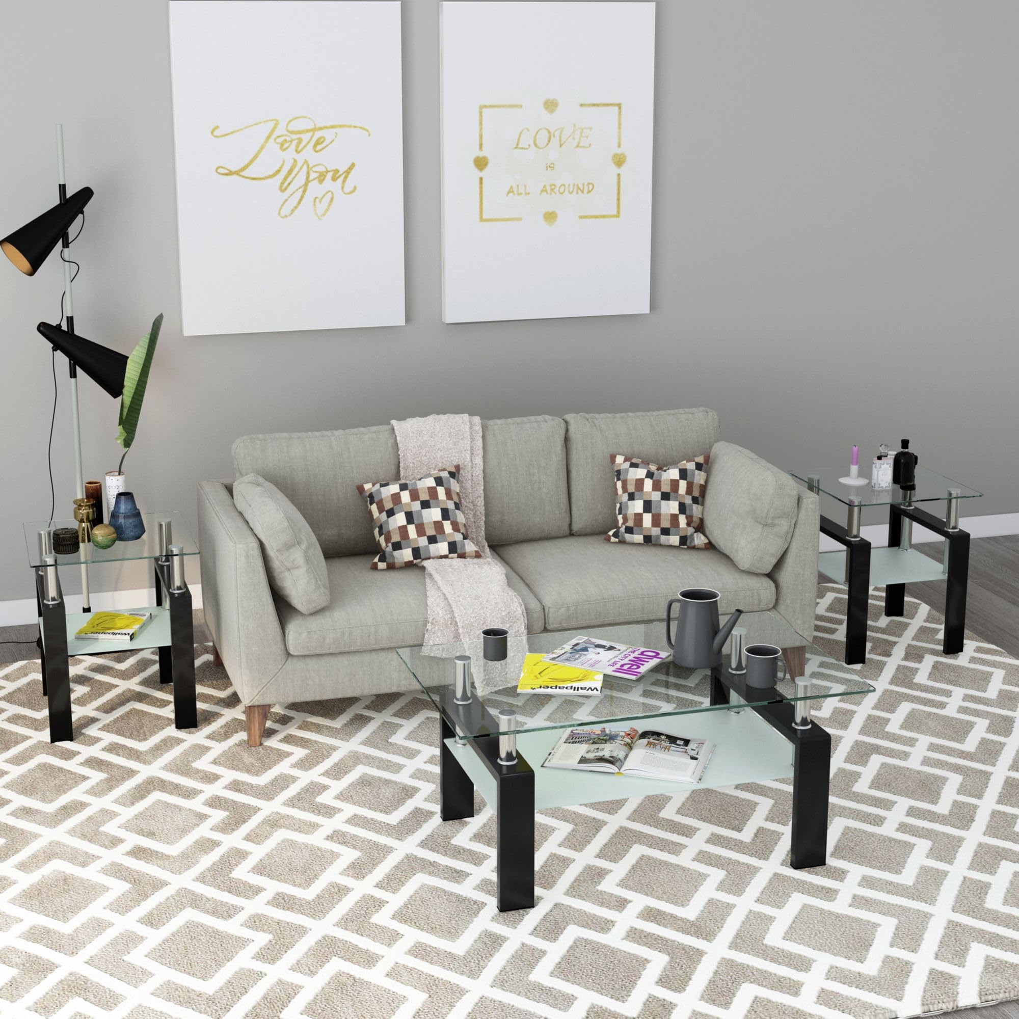 IANIYA 3-Piece Modern Tempered Glass Coffee Table Set - Sleek Design Living Room Furniture with High Capacity - Perfect for Small Spaces, Apartments & Contemporary Home Decor (Transparent)