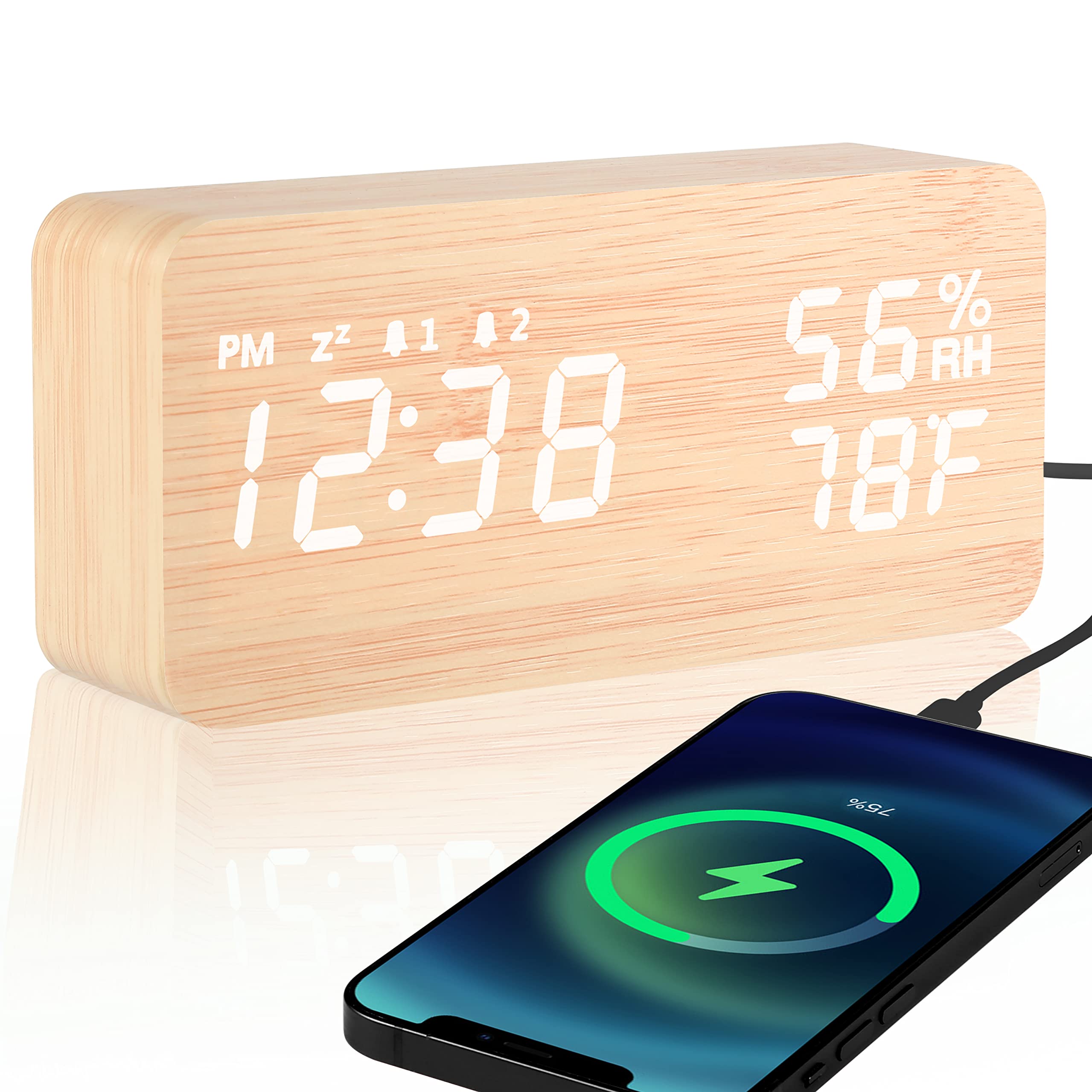 Smart Digital Alarm Clock with Humidity & Temperature Display - Wooden LED Clock, USB Charging Port, Large Numbers for Elderly - Perfect for Bedroom, Office Desk, Nightstand & TV Stand (Bamboo)