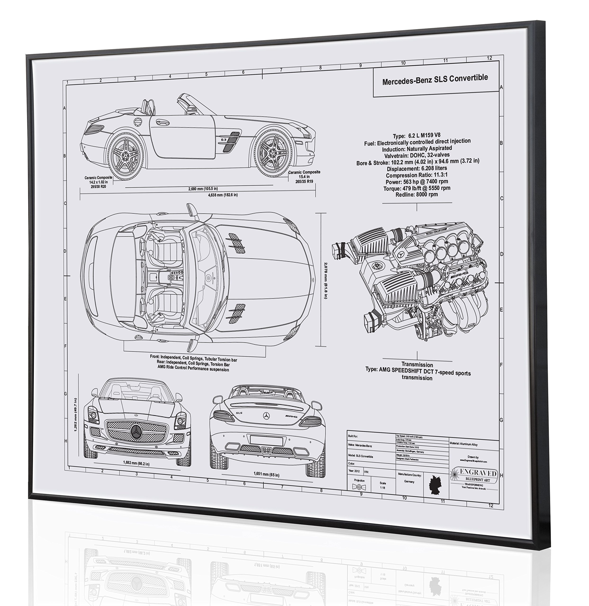 Mercedes-Benz SLS Convertible Blueprint Art Print - Laser Engraved Personalized Car Gift for Men - Home Office Wall Decor & Auto Enthusiast Present
