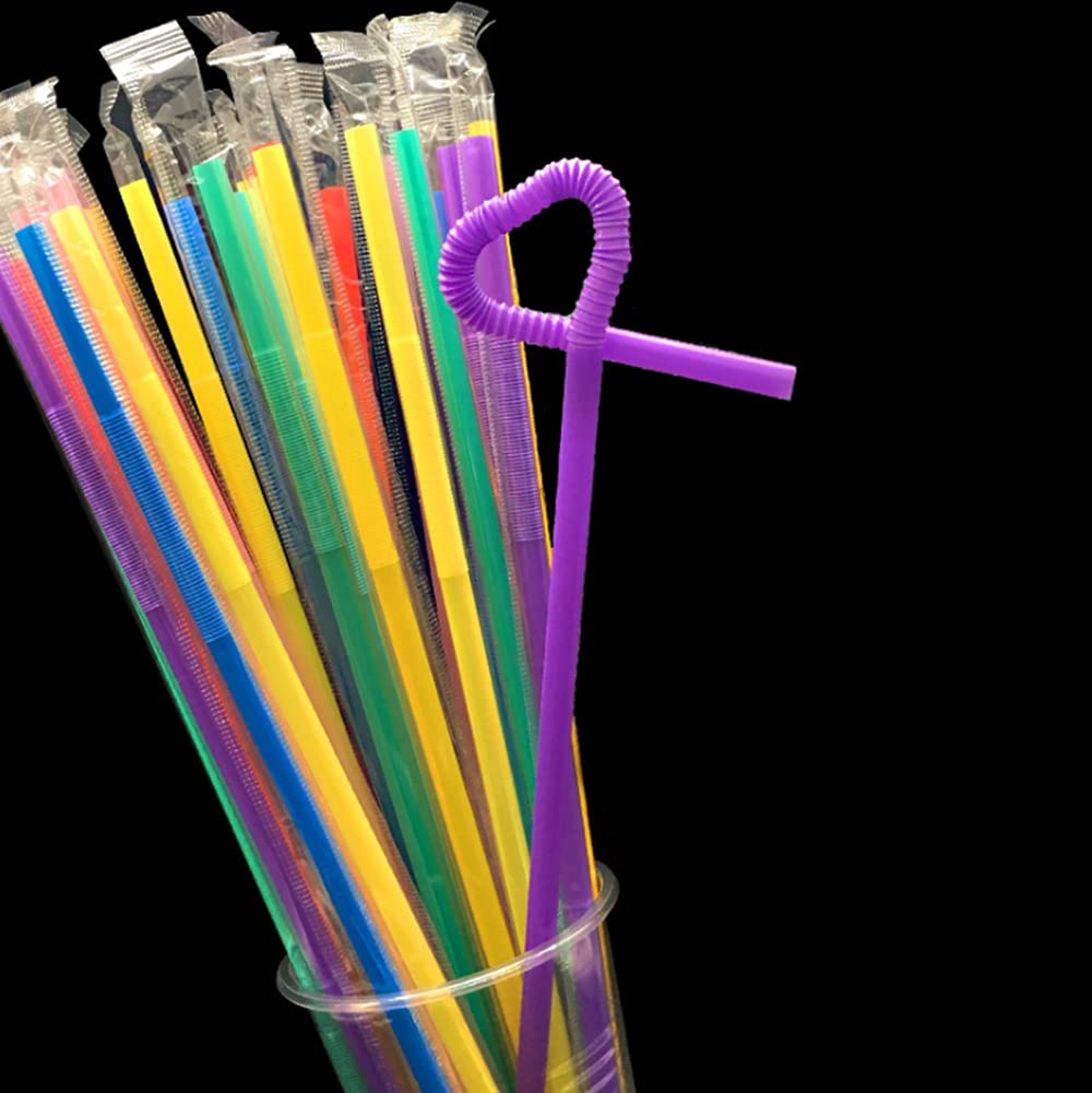 200Pcs Bendy & Flexible Straws - 10.3-inch Colorful Plastic Drinking Straws, Individually Wrapped for Parties, Smoothies & Home Use