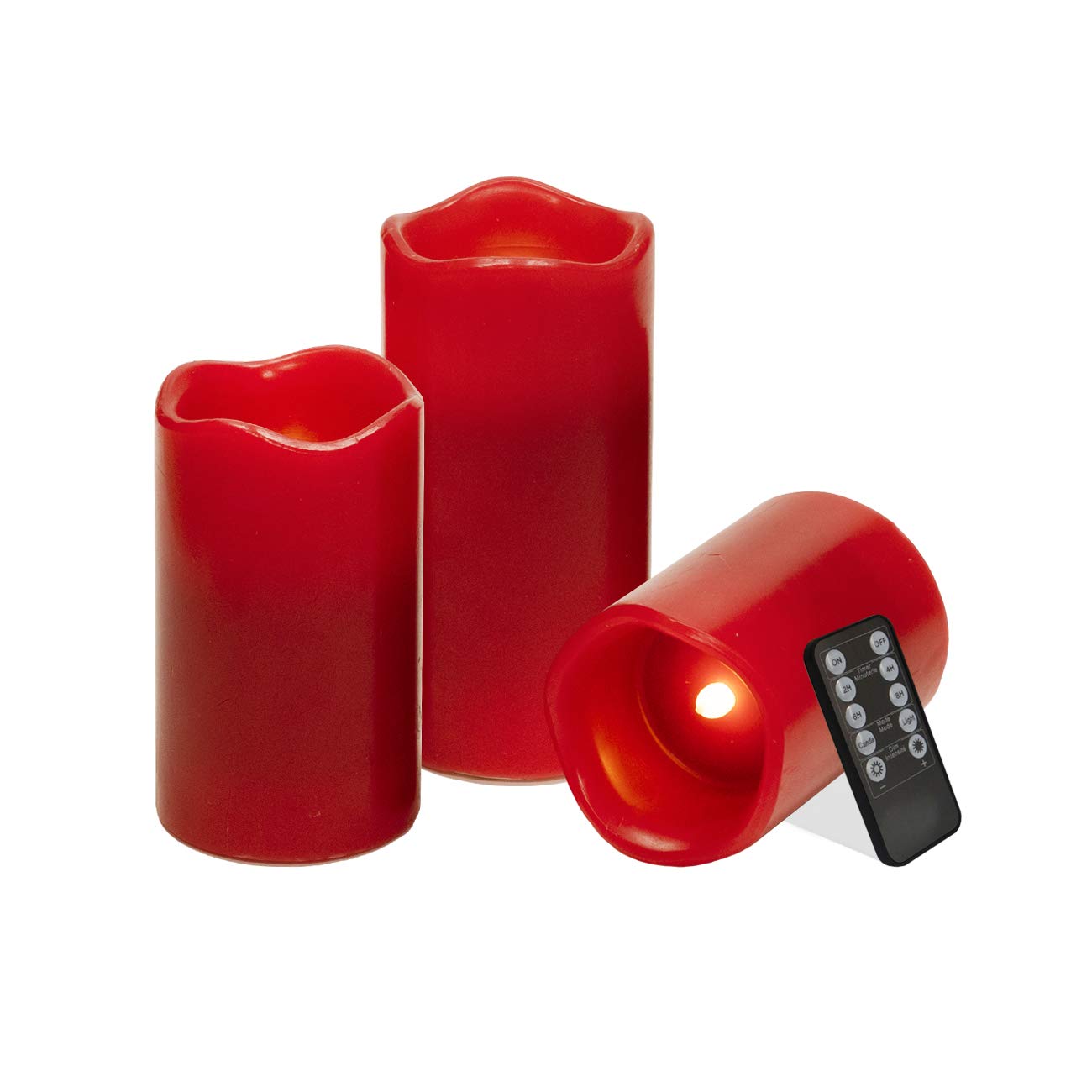 Flameless LED Candles Set of 3 - Real Wax Pillar Candles in Red (3
