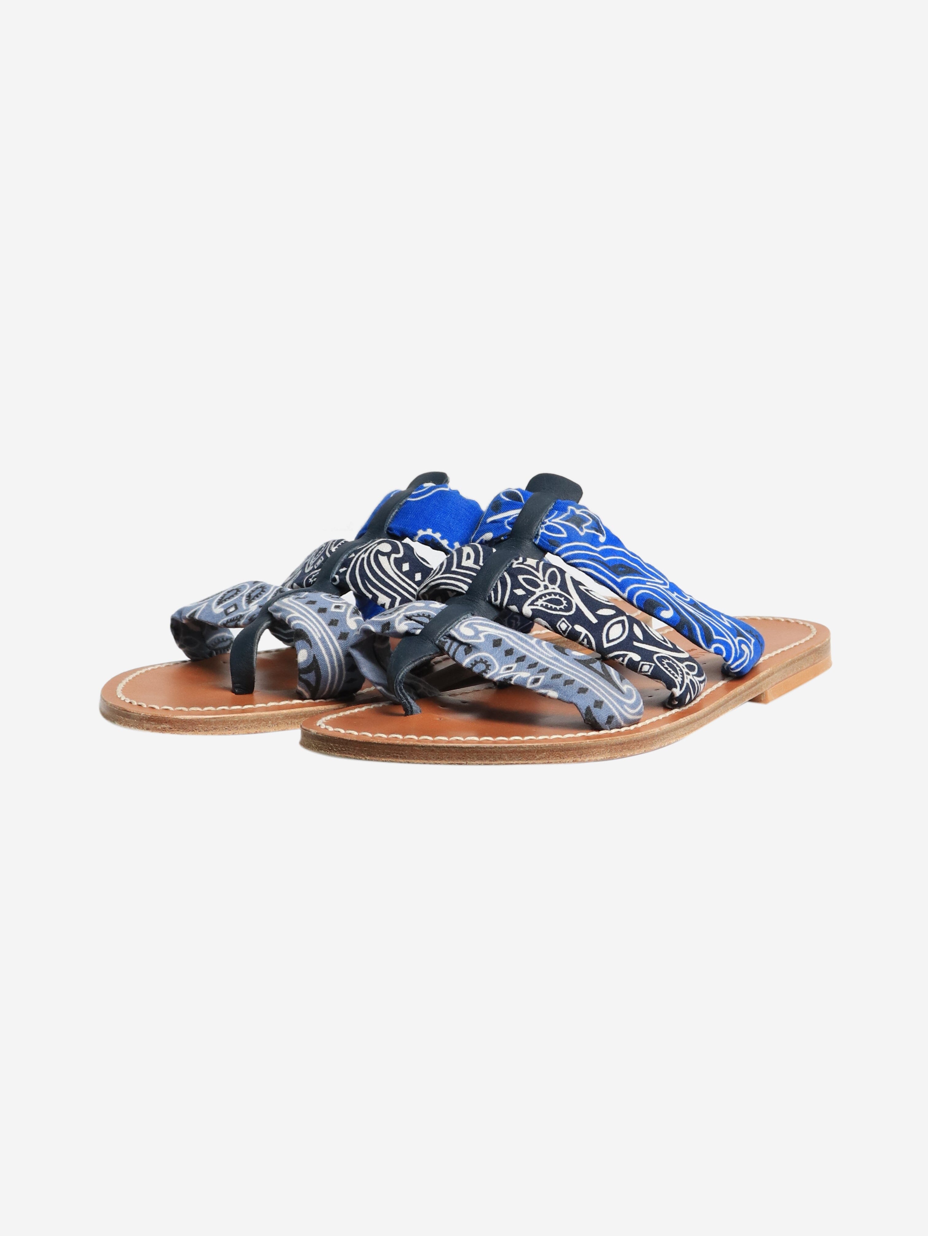 Blue Paisley Strap Flat Sandals for Women - Size EU 41 (US 10) - Comfortable Summer Beach Shoes for Vacation, Walking & Casual Outfits
