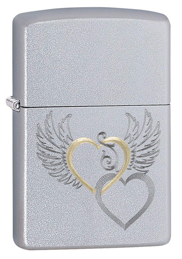 Zippo Hearts and Wings Engraved Lighter - Satin Chrome 80768 | Windproof Refillable Lighter for Camping, Hiking & Outdoor Adventures