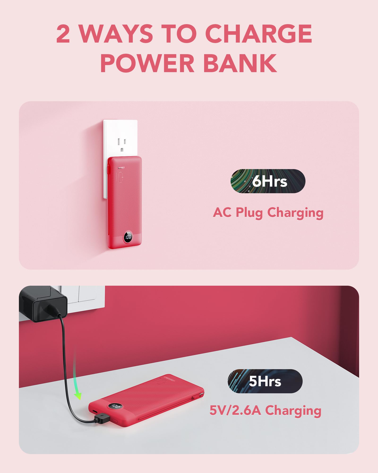 VRURC 10000mAh Portable Charger with Built-in Cables & AC Plug - Ultra Slim Power Bank for iPhone, Samsung, iPad, Tablets - Fast Charging Battery Pack for Travel, Camping, Emergency Power Backup (Viva Magenta)