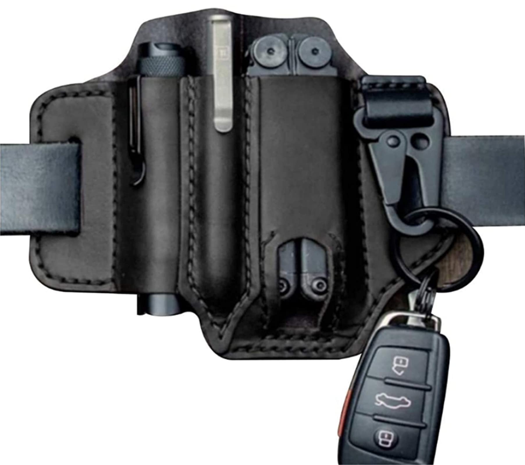 Ksmate Genuine Cowhide EDC Pocket Organizer for Men - Premium Multitool Sheath & Key Holder Belt Pouch - Waist Storage Bag with Flashlight Holster - Durable Camping Gear for Outdoor Adventures, Hiking & Everyday Carry (EDC)