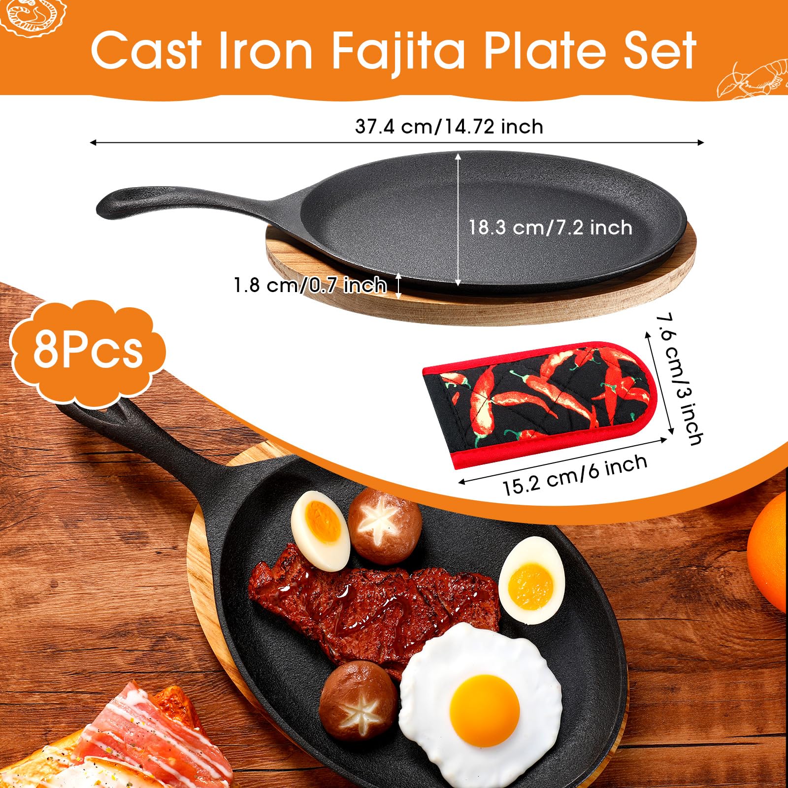 Lallisa 8-Piece Cast Iron Fajita Plate Set with Wooden Tray & Heat-Resistant Mitts - Sizzling Skillet for BBQ, Kitchen, Party & Restaurant Catering - Perfect for Mexican Fajitas, Steak, Shrimp & Veggies at Home or Commercial Use