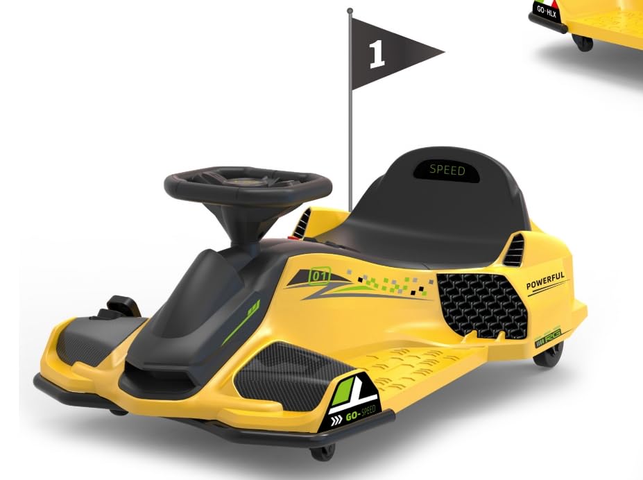 24V Kids Electric Drift Kart - Adjustable Speed, 5-Wheel Design, Built-in Music & LED Lights (Front/Rear), Low Battery Alarm - Yellow | Perfect for Outdoor Play, Backyard Racing & Birthday Gifts for Boys & Girls Ages 3-8