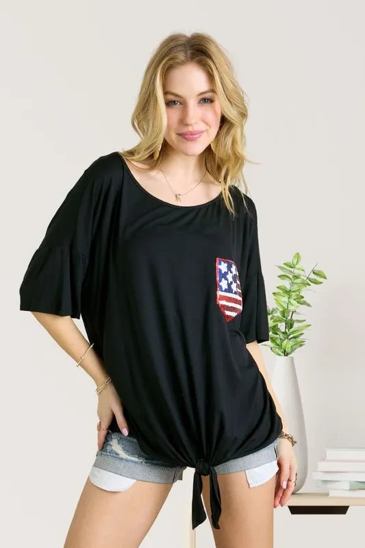 ADORA Sequin US Flag Pocketed Top for Women - Patriotic Fashion Blouse with Pockets - Perfect for 4th of July, Memorial Day & Independence Day Celebrations