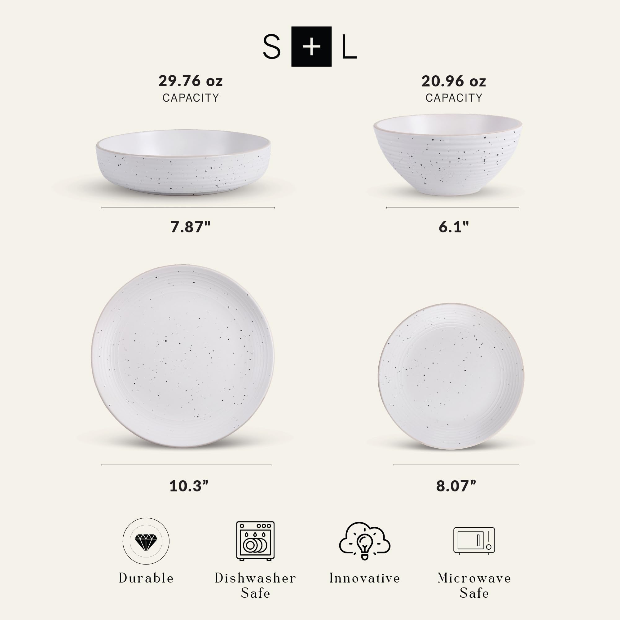 Lauren Modern Stoneware 32-Piece Round Dinnerware Set - 8-Person Plates & Bowls in Off White | Durable Stoneware Dinner Set for Family Gatherings, Restaurants & Everyday Dining