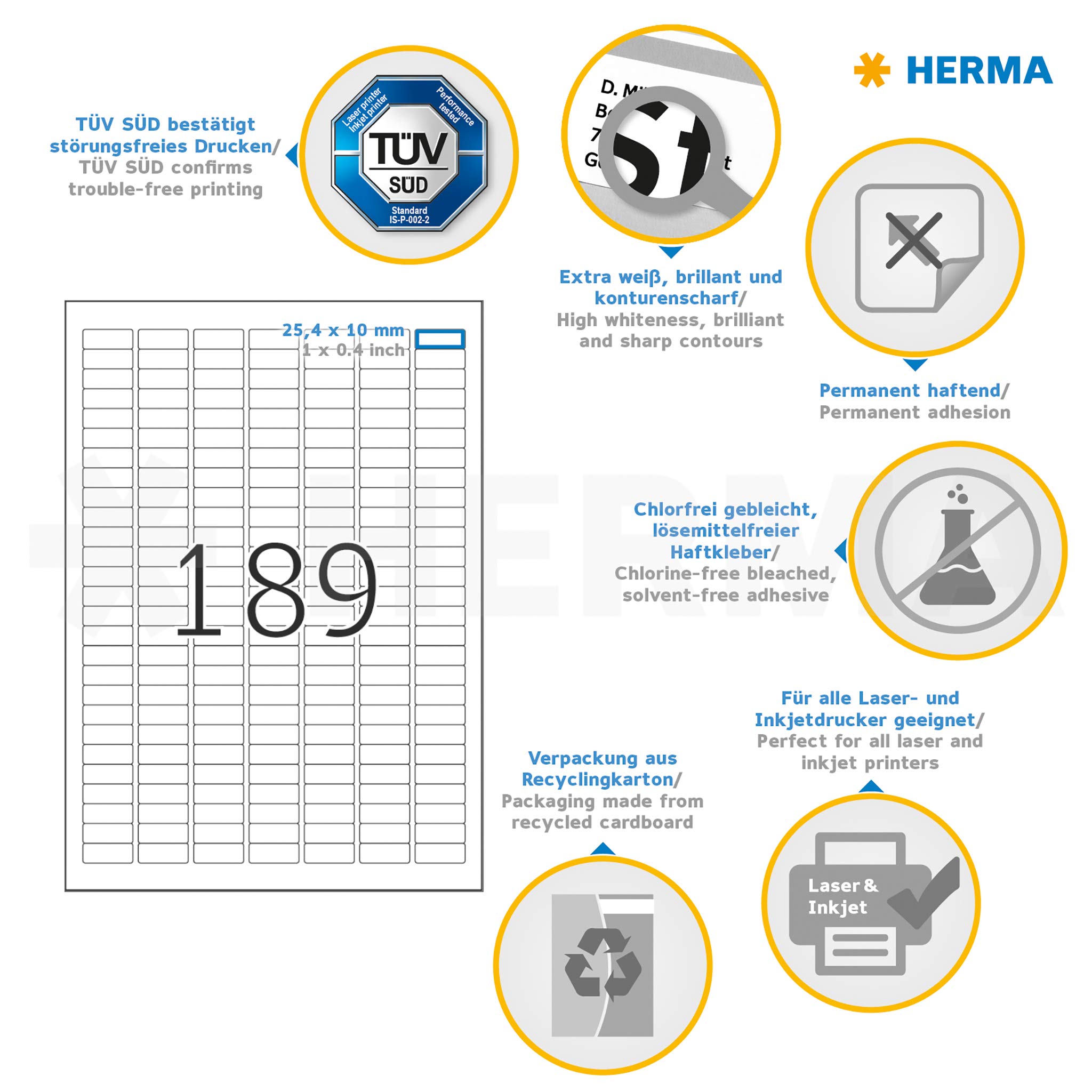 HERMA 4333 Self Adhesive Multipurpose Labels - 189 Labels per A4 Sheet, 25 Sheets (4725 Total), 25.4 x 10mm Blank White Stickers - Compatible with Laser & Inkjet Printers - Perfect for Office Organization, Shipping Labels, Product Packaging & Inventory Management