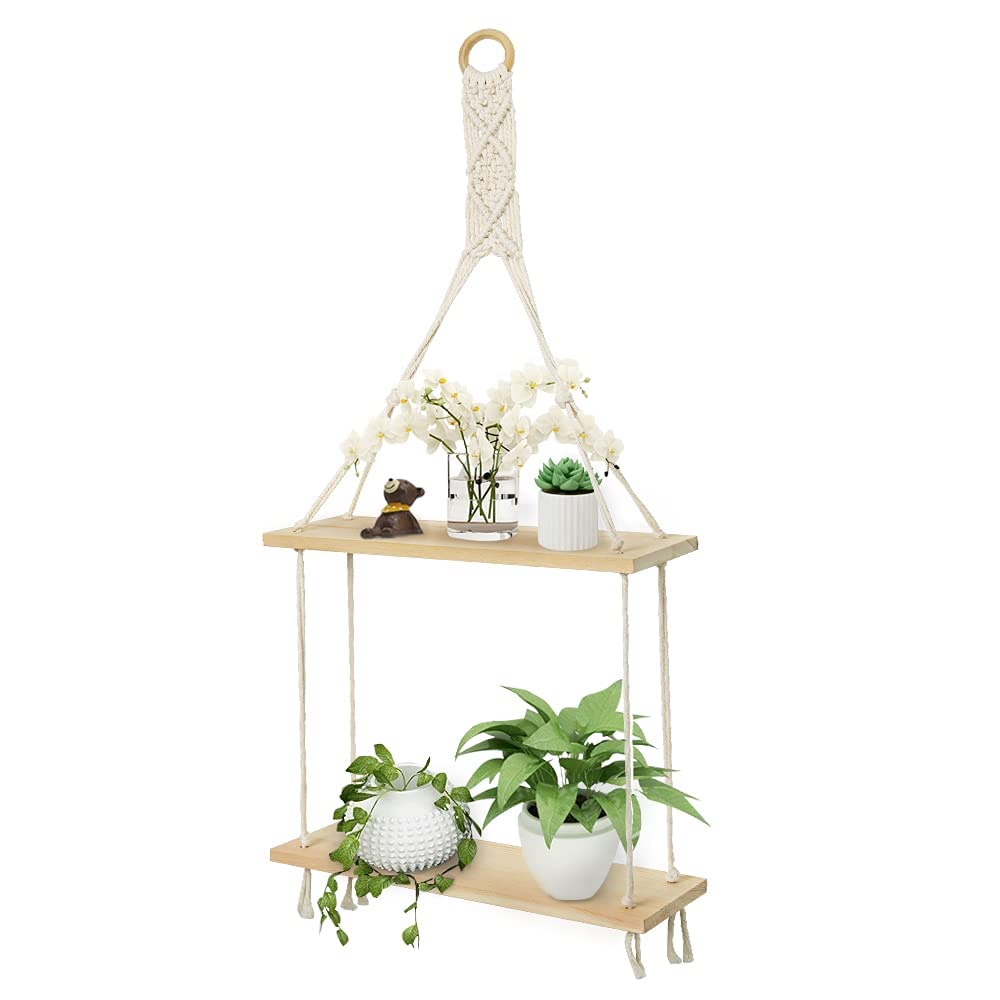 AFULY Macrame Wall Hanging Shelf - 2-Tier Boho Floating Shelf with Cotton Rope, Rustic Home Decor for Plants, Photos & Storage | Perfect for Living Room, Bedroom, Bathroom & Hallway | Beige | Space-Saving Organizer for Small Spaces