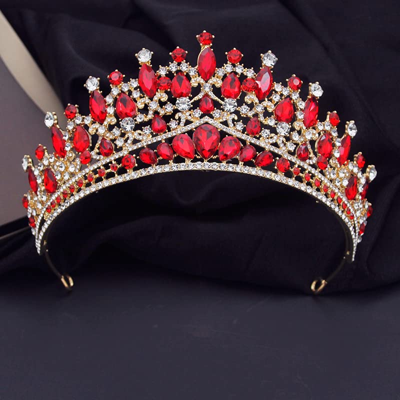 Luxury Crystal Wedding Crown Tiara for Women - Royal Queen Bridal Headdress, Prom Diadem Hair Jewelry Accessory (Gold Red) - Perfect for Weddings, Proms, and Special Occasions