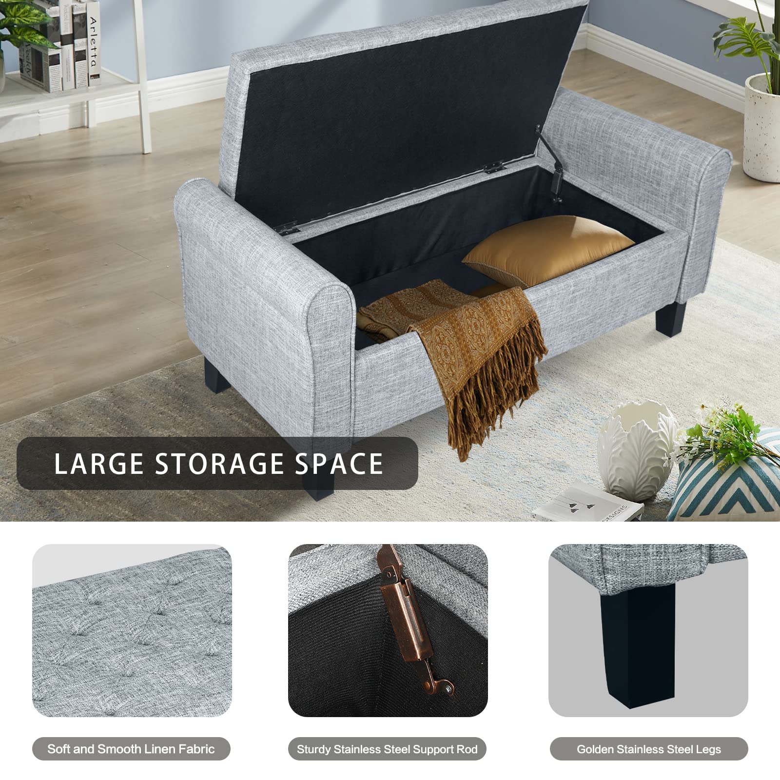 Dark Grey Storage Ottoman Bench with Arms - Button Tufted Footrest & Large Storage Seat for Bedroom, Living Room, Entryway, Hallway - Perfect as End of Bed Bench, Living Room Storage & Cozy Footrest