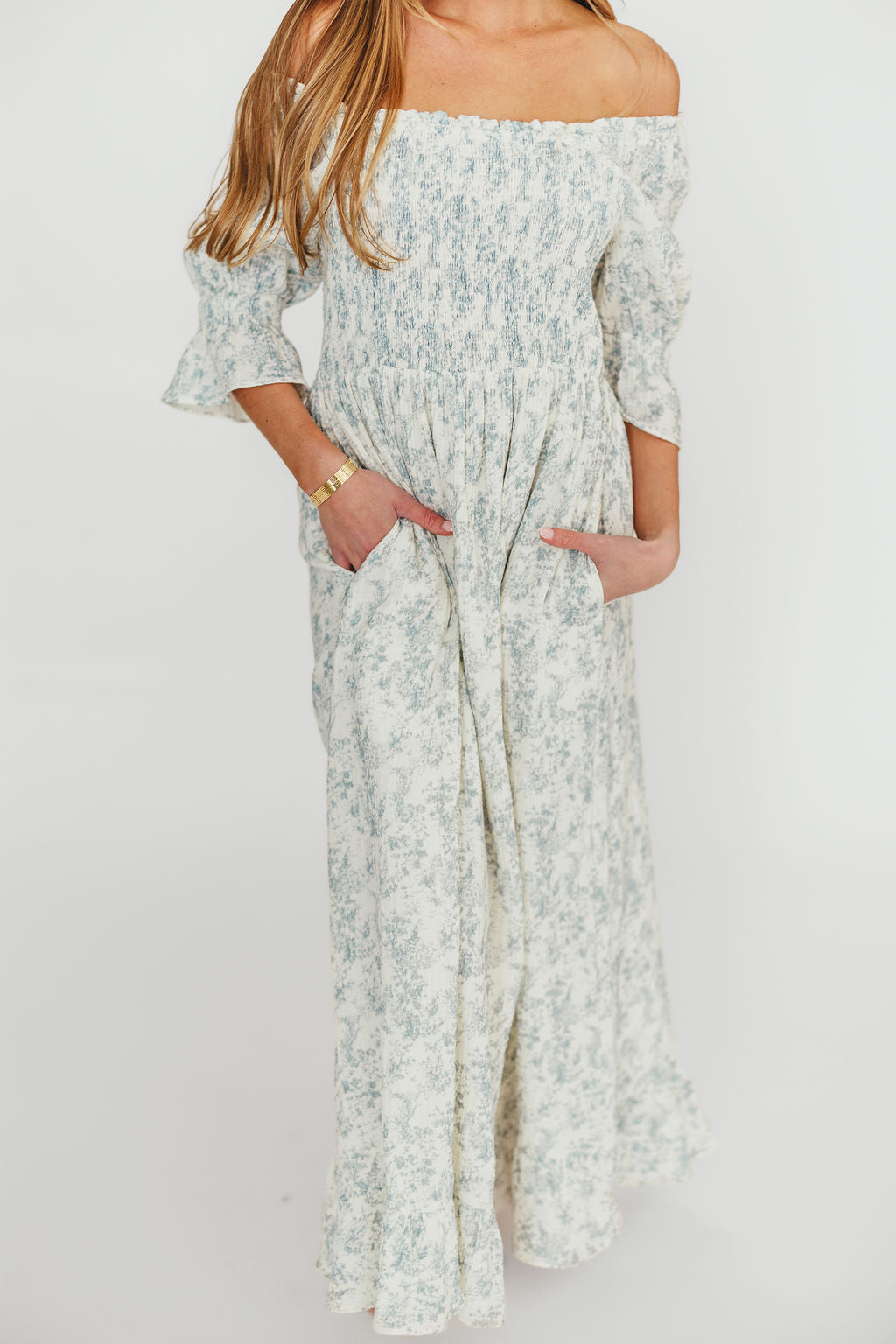 Sienna 100% Cotton Puff Sleeve Maxi Dress - Blue Floral Print Maternity Dress for Pregnancy | Bump Friendly, Comfortable & Stylish for Summer, Beach, Vacation & Special Occasions