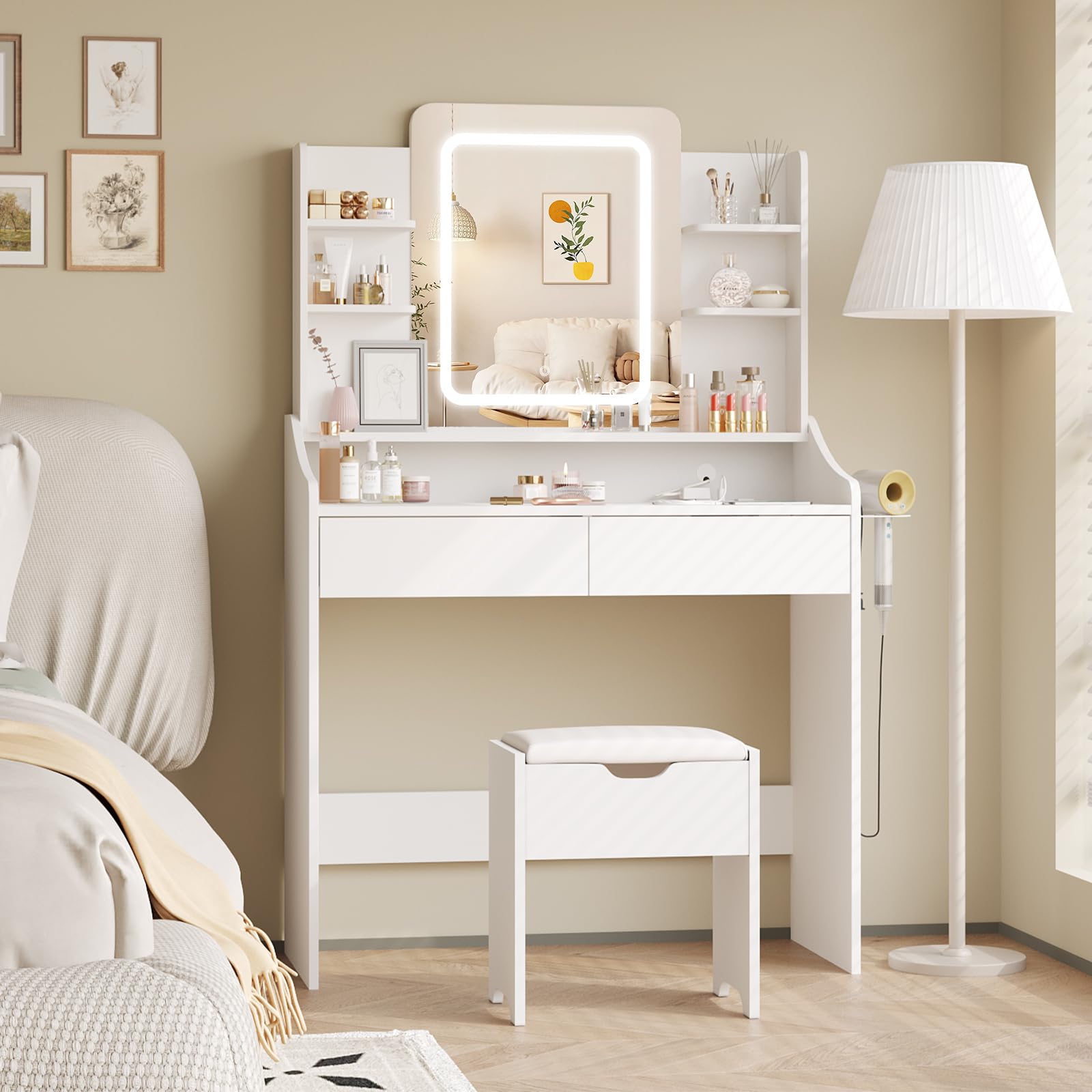 Vabches White LED Vanity Desk with Mirror - Makeup Dressing Table with Power Outlet, 3 Lighting Modes, 2 Storage Drawers & Hair Dryer Holder - Perfect for Bedroom, Dressing Room & Beauty Salon (Women & Girls)