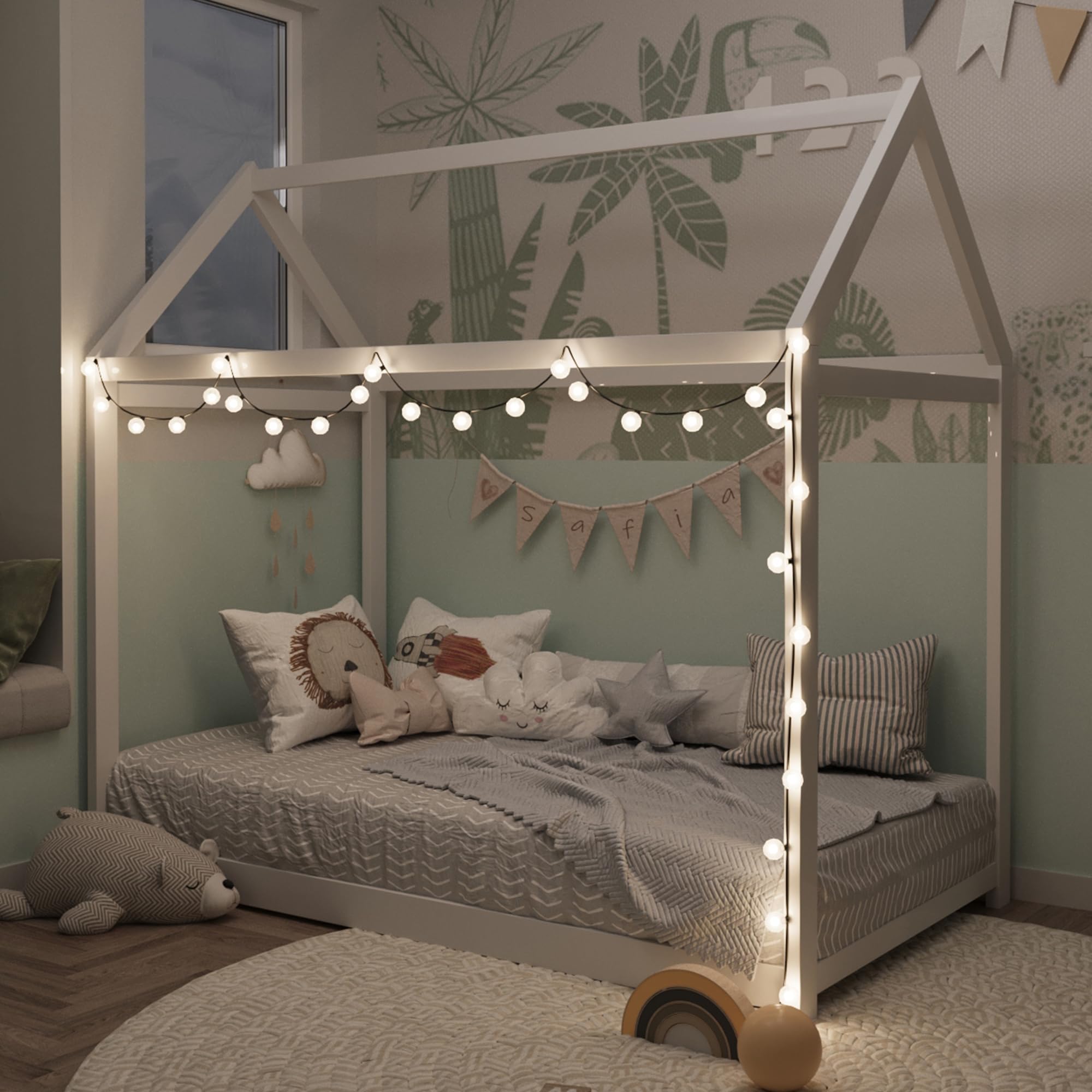 Merax Twin Size Wood House Bed Frame with Wood Slats - No Box Spring Needed, White - Perfect for Kids Rooms, Guest Bedrooms & Small Spaces