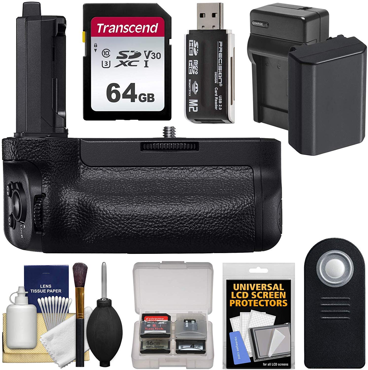 Sony VG-C4EM Vertical Battery Grip with NP-FZ100 Battery & Charger + 64GB SD Card + Wireless Remote + Card Reader - Complete Kit for Sony Alpha A7R IV & A9 II Mirrorless Cameras - Perfect for Photography, Videography & Travel Shooting