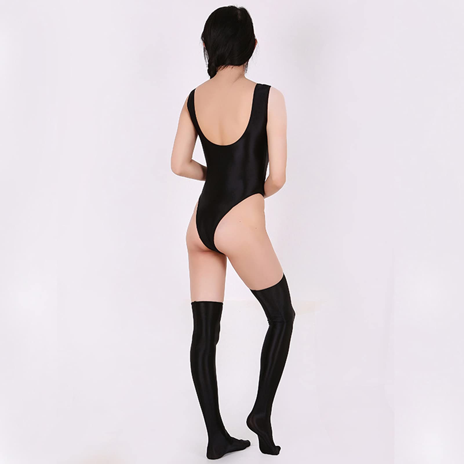 Leesuo Women's Sexy High Cut Bodysuit - Shiny Glossy Leotard Catsuit with Thigh High Stockings | Perfect for Halloween, Cosplay & Sensual Nights