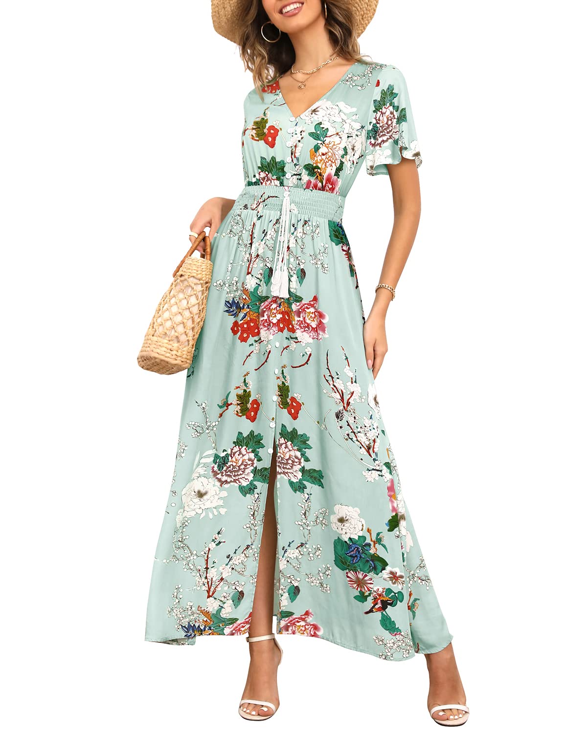 Floral Maxi Dress for Women - Button Up Front, Side Split, Flowy Print Party Dress - Perfect for Weddings, Beach Vacations & Summer Outings