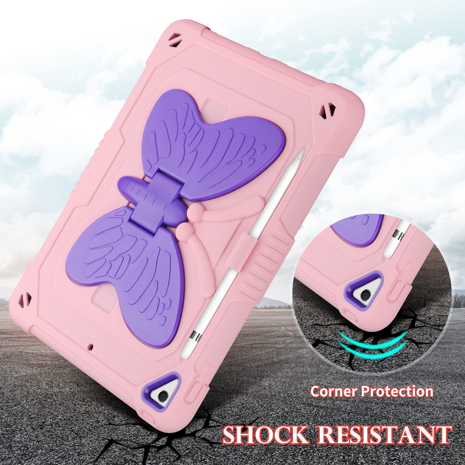 Premium Shockproof iPad 9.7 Case for 6th/5th Gen & Air 2 - Butterfly Kickstand, Screen Protector, Pencil Holder & Lanyard - Cute Pink & Purple Protective Cover for Girls & Kids - Perfect for School, Travel & Daily Use