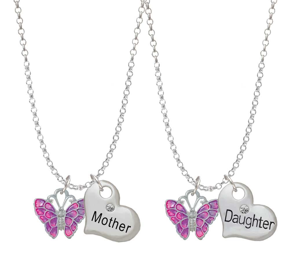 Delight Jewelry Sterling Silver Enamel Butterfly Mother Daughter Heart Necklace Set (2 Pcs) - 19+2 Inch Adjustable Chain - Perfect Gift for Birthday, Anniversary & Mother's Day
