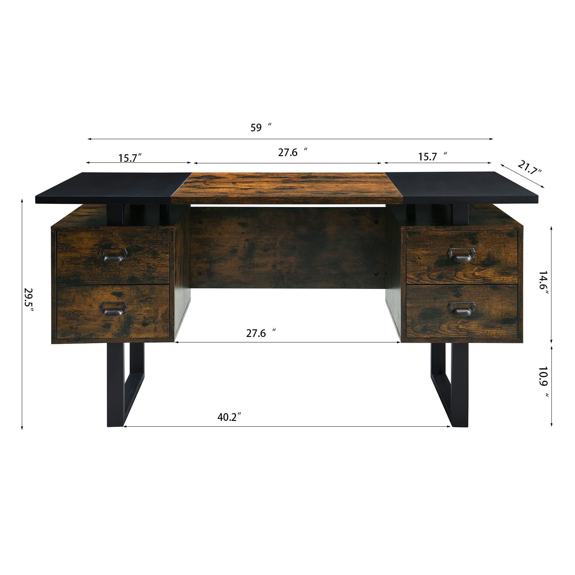 LEEMTORIG 59 Inch Large Computer Desk with Drawers - Modern Industrial Gaming Desk, Study Writing Table Workstation for Home Office, Bedroom (Black & Rustic Brown) | Perfect for PC Gaming, Remote Work & Student Study Spaces