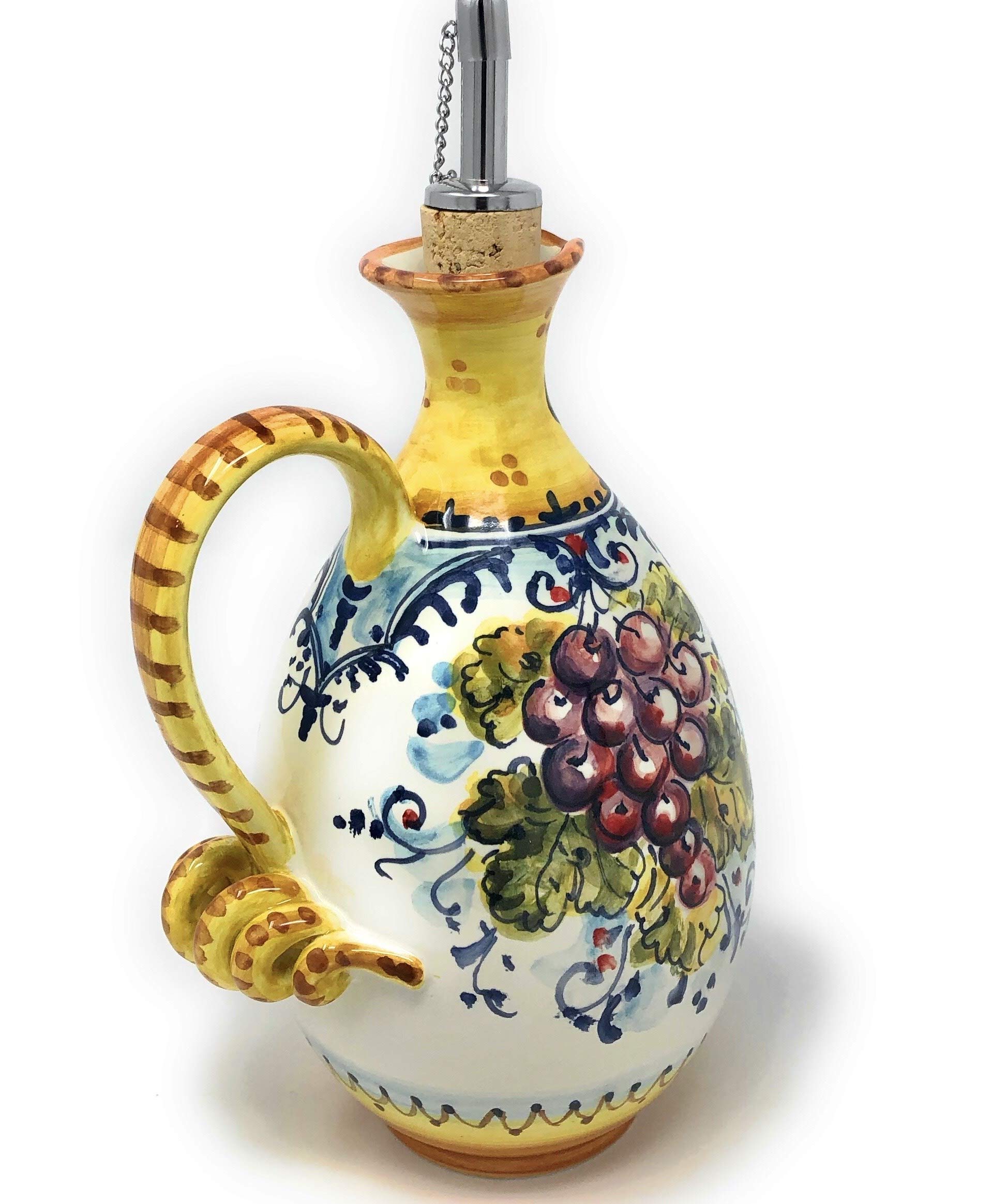Hand-Painted Italian Ceramic Oil Cruet Dispenser - Tuscan Montalcino Art Pottery - Made in Italy - Perfect for Kitchen, Dining Table & Gift Giving