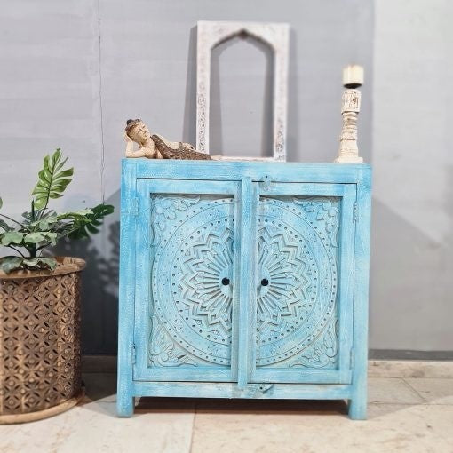 Handmade Carved Indian Solid Hardwood Cabinet with Floral Pattern - Blue (35.4