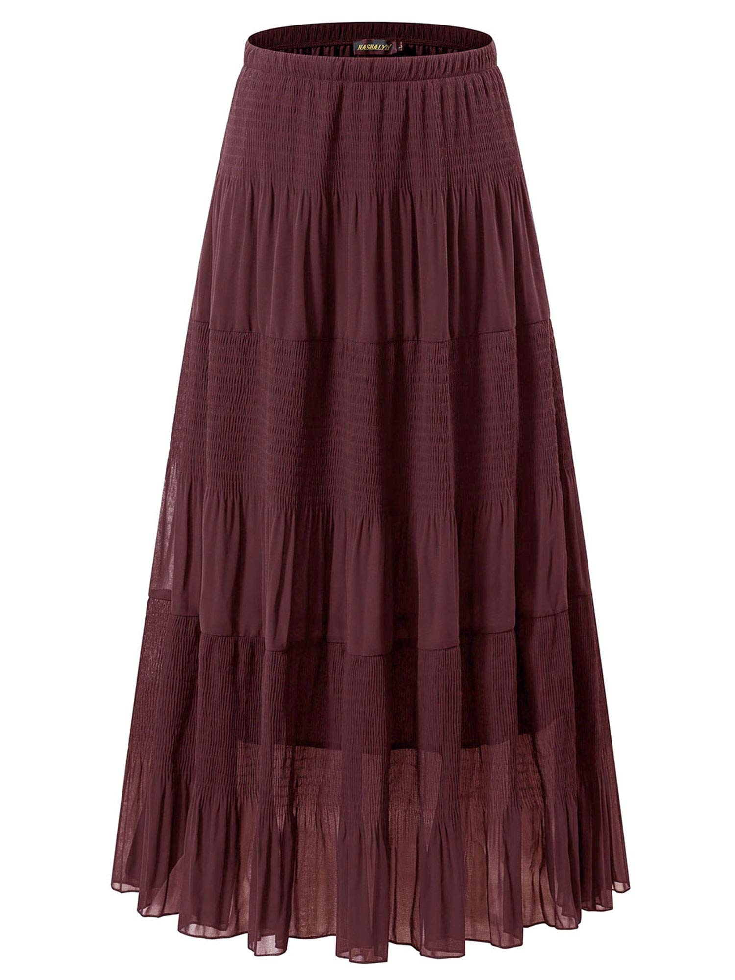 NASHALYLY Women's Chiffon Elastic High Waist Pleated A-Line Flared Maxi Skirt - Elegant Summer Beach Wedding Party Dress for Casual & Formal Occasions