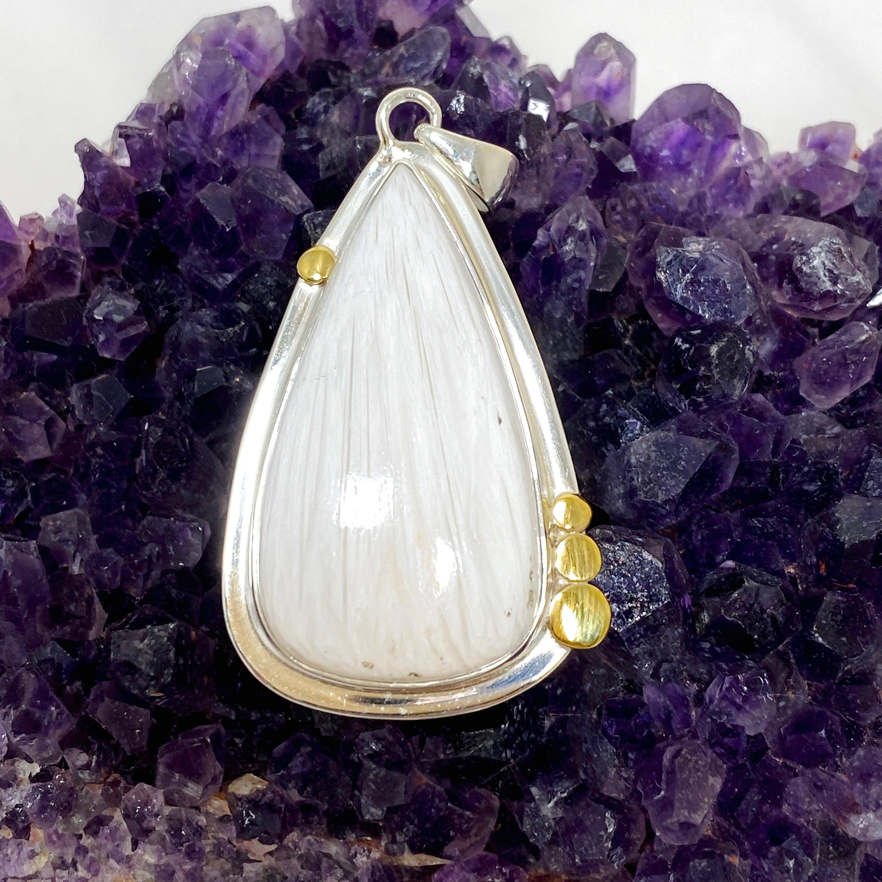 Natural Scolecite Teardrop Pendant Necklace in Sterling Silver Setting - Healing Crystal Jewelry for Meditation, Energy Balancing & Spiritual Gifts (KPGJ4509)