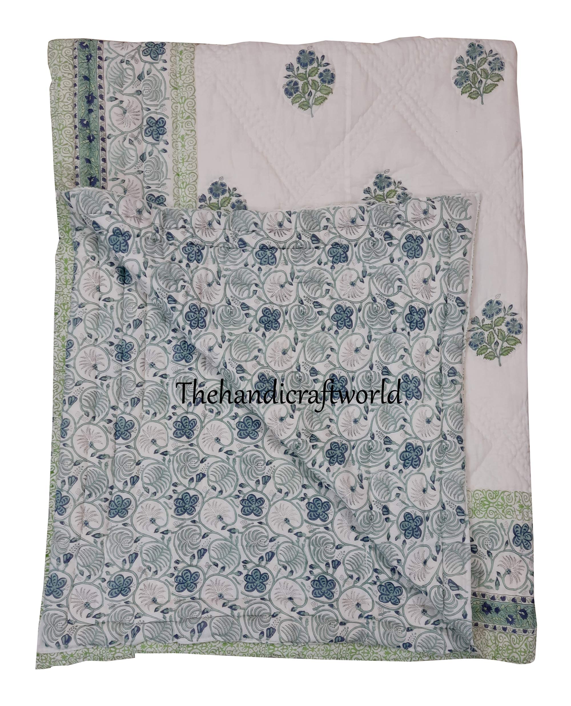 Handmade Indian White Floral Print Kantha Quilt - Twin, King & California King Sizes | 100% Cotton Kantha Throw Blanket & Bedspread | Perfect for Home Decor, Guest Rooms & Cozy Nights (60x90 Inches Twin Size)