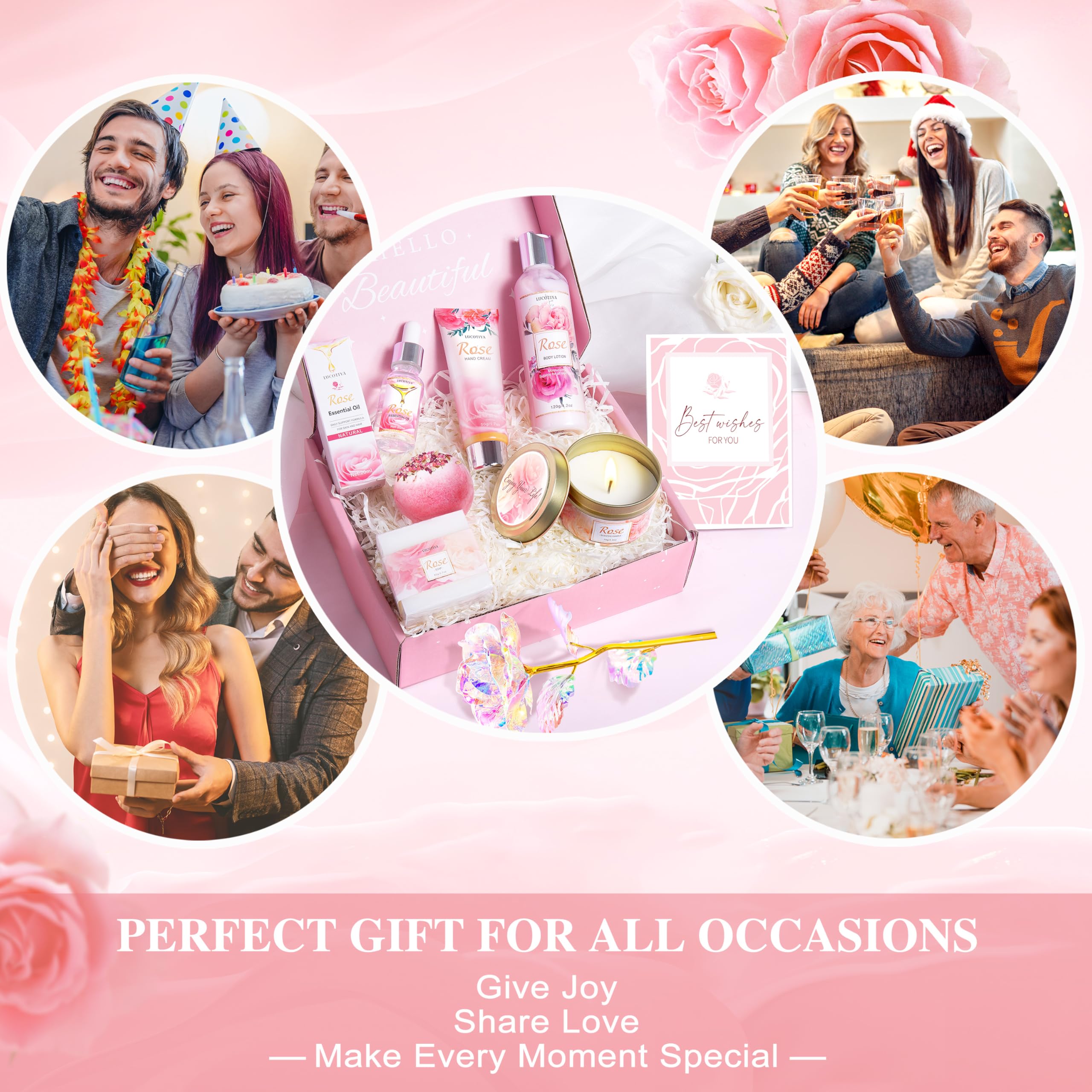 LUCOTIYA Spa Gift Basket for Women - Rose Scented Bubble Bath Set, Birthday Gifts for Mom, Teacher, Sister | Relaxing Self-Care & Romantic Bath Time