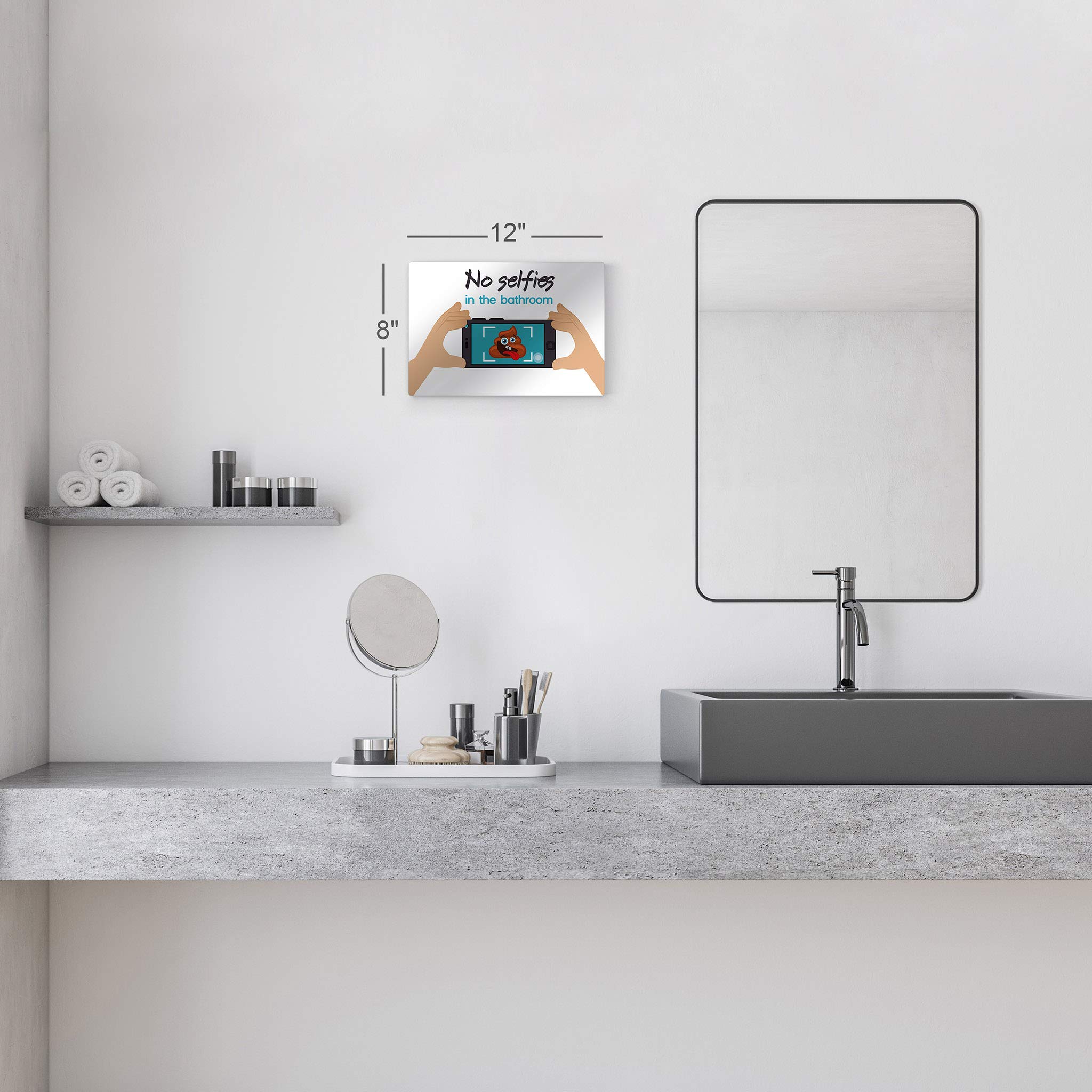 Smile Art Design Funny 'No Selfies in The Bathroom' Metal Print - 20x30 Inch Ready to Hang Bathroom Wall Decor, Toilet Humor Sign, Home Decoration Made in USA | Perfect for Bathroom, Powder Room, or Office Humor