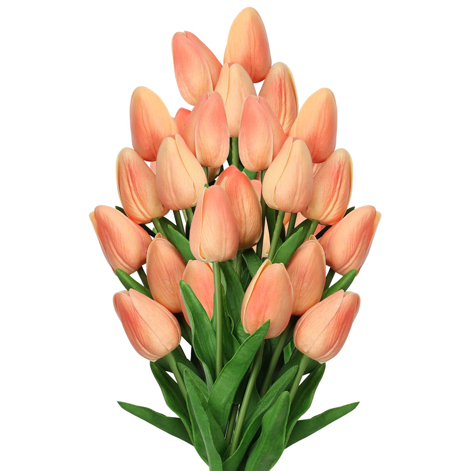 20 Pcs Peach Artificial Tulips - Real Touch Faux Flowers for Vase, Home Decor, Wedding Bouquets & Mother's Day Gifts - 13.5
