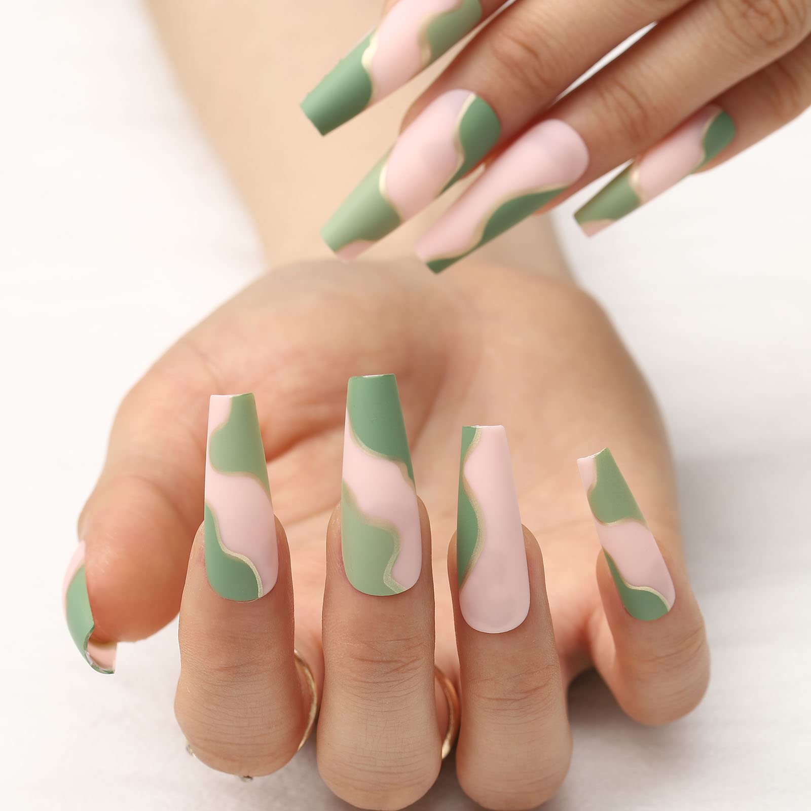 Acenail Extra Long Coffin Press-On Nails - 24PCS French Tip Fake Nails with Glossy Designs, Full Cover Acrylic Nail Tips for Women & Girls (#3 Matte Line) - Perfect for Parties, Weddings & Daily Wear