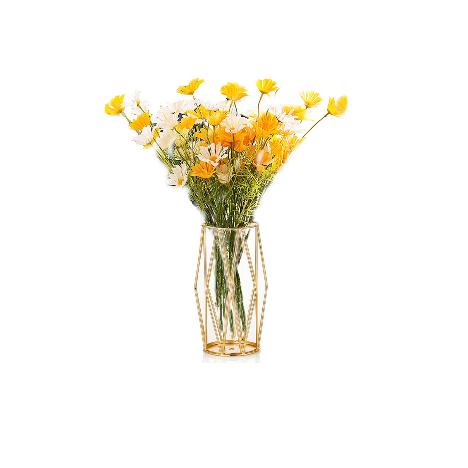 Elegant Gold Flower Vases with Geometric Metal Stand - Modern Bulk Terrarium Crystal Vases for Pampas Grass, Centerpieces, Home & Wedding Decor (8.5