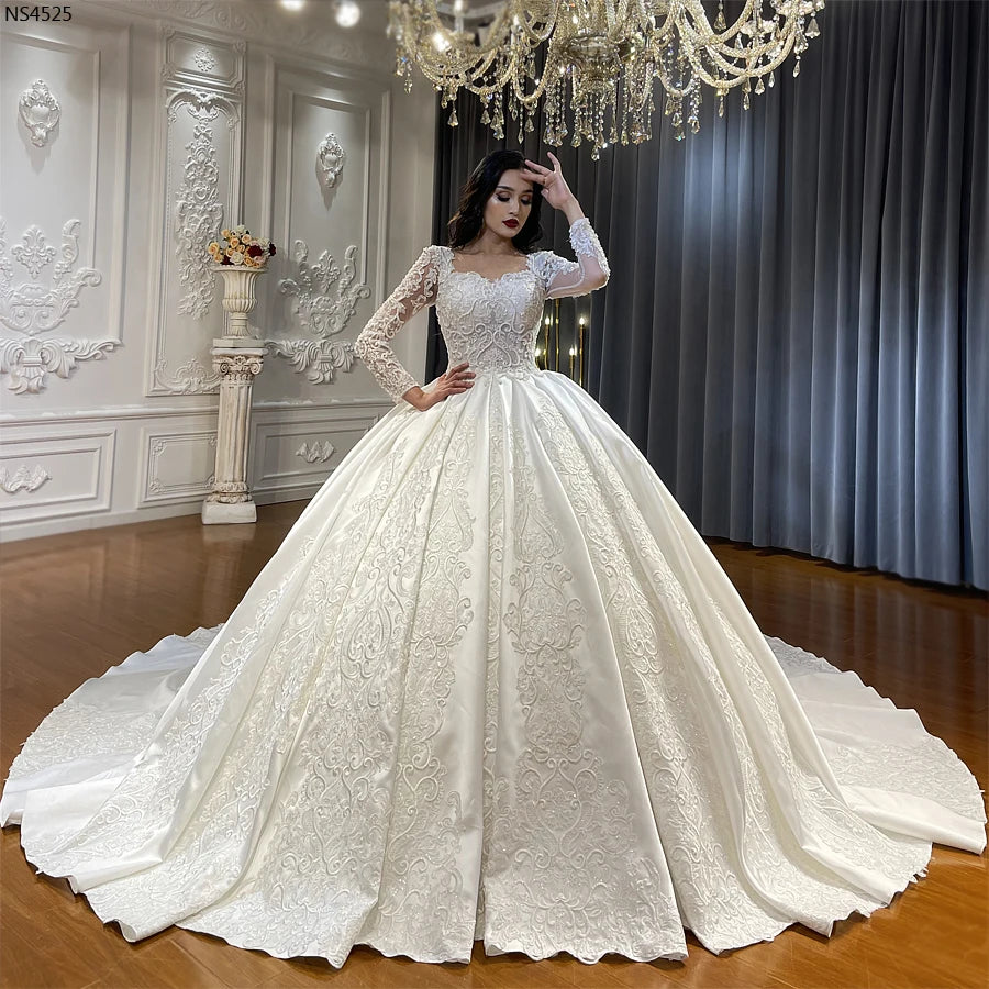 Elegant Long Sleeve Satin Ball Gown Wedding Dress - Luxury Bridal Gown for Formal Weddings, Prom & Special Occasions