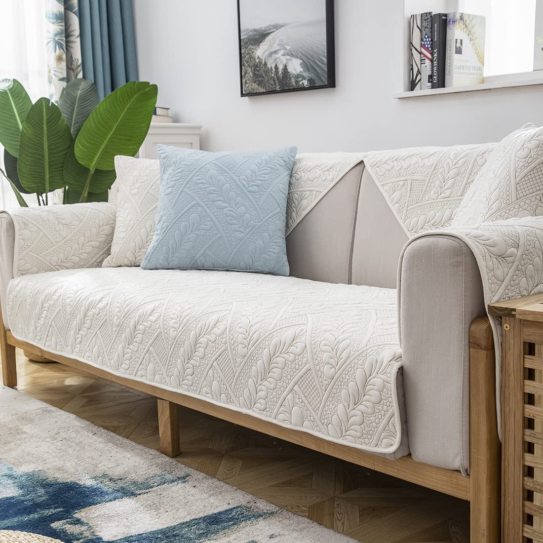 VCTOPS Quilted Cotton Sofa Slipcover - Non-Slip Couch Cover for Sectional, L-Shaped & Recliner Sofas - Pet-Friendly Furniture Protector for Dogs & Cats (Cream, 28