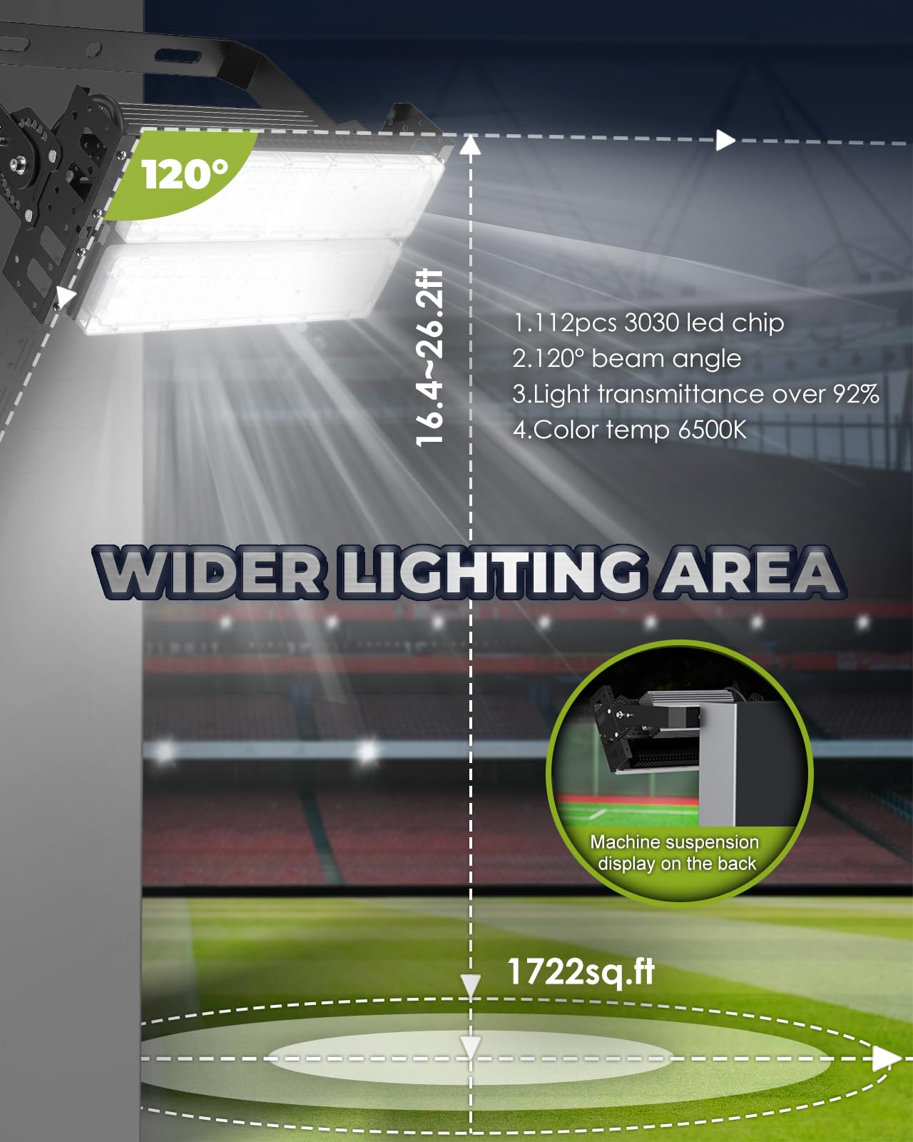 600W LED Stadium Flood Lights - 16000LM Super Bright, IP66 Waterproof, 6500K Daylight White - 100W Equivalent Energy Saving Outdoor Arena Lights (85-305V) with 5-Year Warranty - Perfect for Sports Fields, Parking Lots, and Large Outdoor Venues