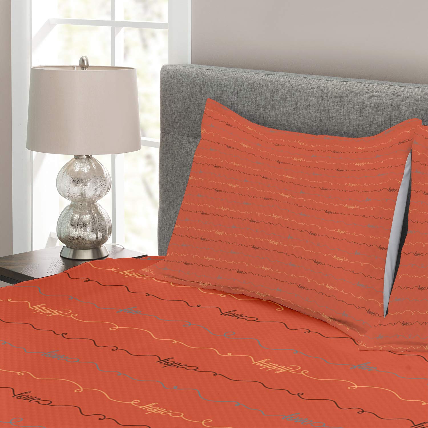 Ambesonne 3-Piece King Size Bedspread Set with Dark Coral Backdrop - Hope Love Happy Lettering, Decorative Coverlet & 2 Pillow Shams in Dark Brown | Perfect for Master Bedroom, Guest Room & Cozy Home Decor