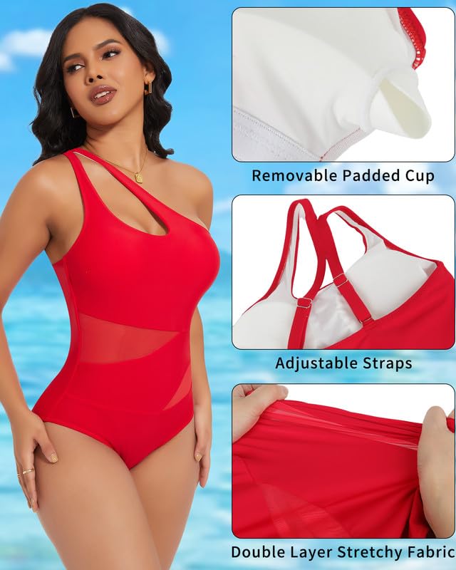 SHAERIN Women's One Piece Swimsuit - Tummy Control One Shoulder Bathing Suit with Cutout & Asymmetrical Design, Padded Swimwear for Beach, Pool & Vacation