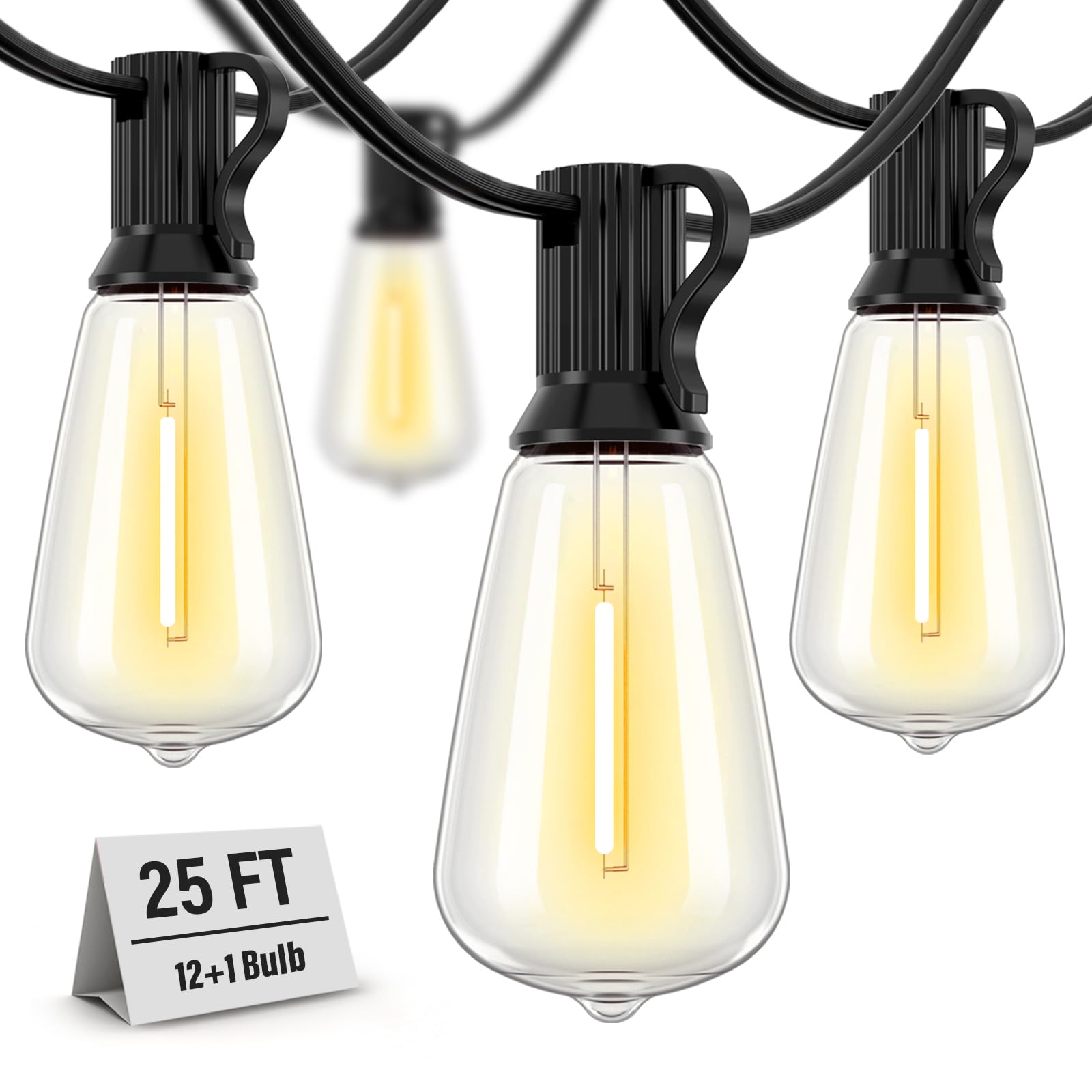 25FT Waterproof Outdoor String Lights with 13 ST38 Edison Bulbs - Black Weatherproof Patio Lights for Porch, Balcony, Backyard, Garden - 2700K Warm White LED Hanging Lights for Romantic Ambiance, Wedding Decor & Outdoor Dining